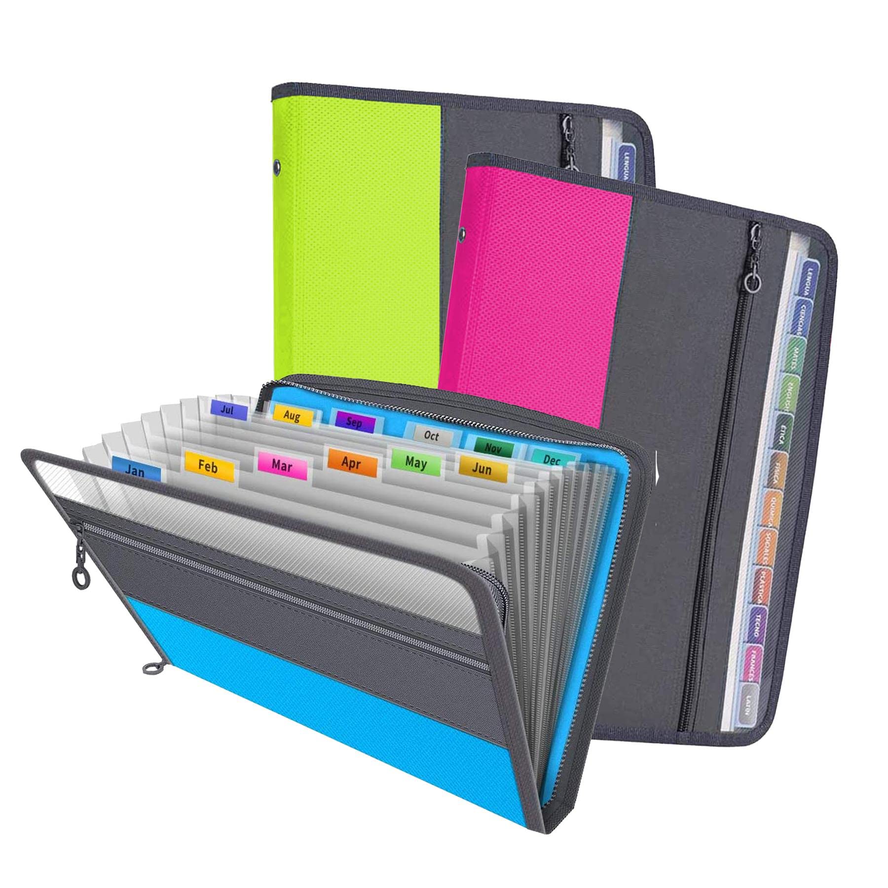 12 Pocket A4 Expanding File Folders with Zip Closure - Set of 3